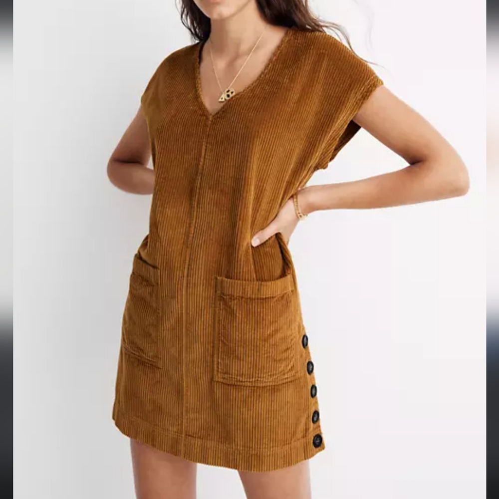 Madewell Golden Corduroy V-Neck Side-Button Mini Shift Dress